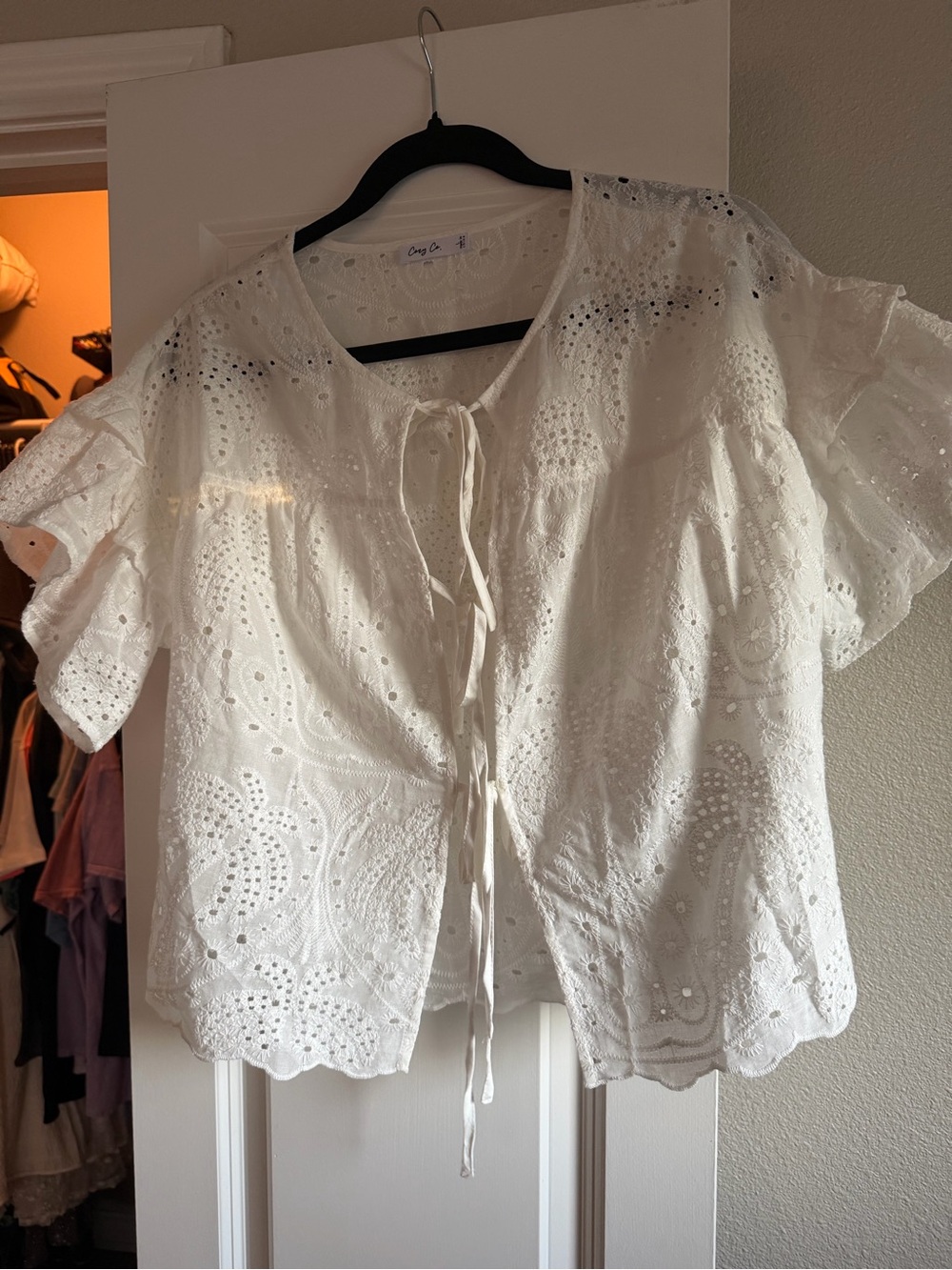 Crochet Eyelet Tie-Front White Blouse by